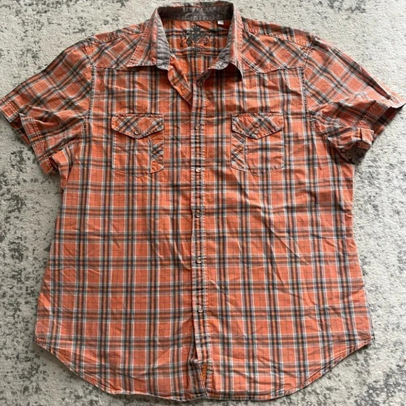 Guess Button front shirt casual plaid orange gray snap buttons short sleeve XXL - Picture 2 of 9